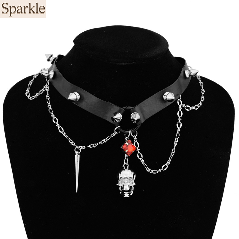 Goth Punk Spike Choker - Gargantilla de cuero con calavera oscura,