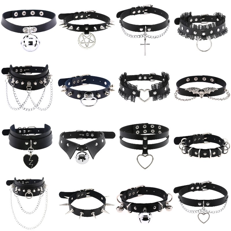 Goth Punk Spike Choker - Gargantilla de cuero con remaches de